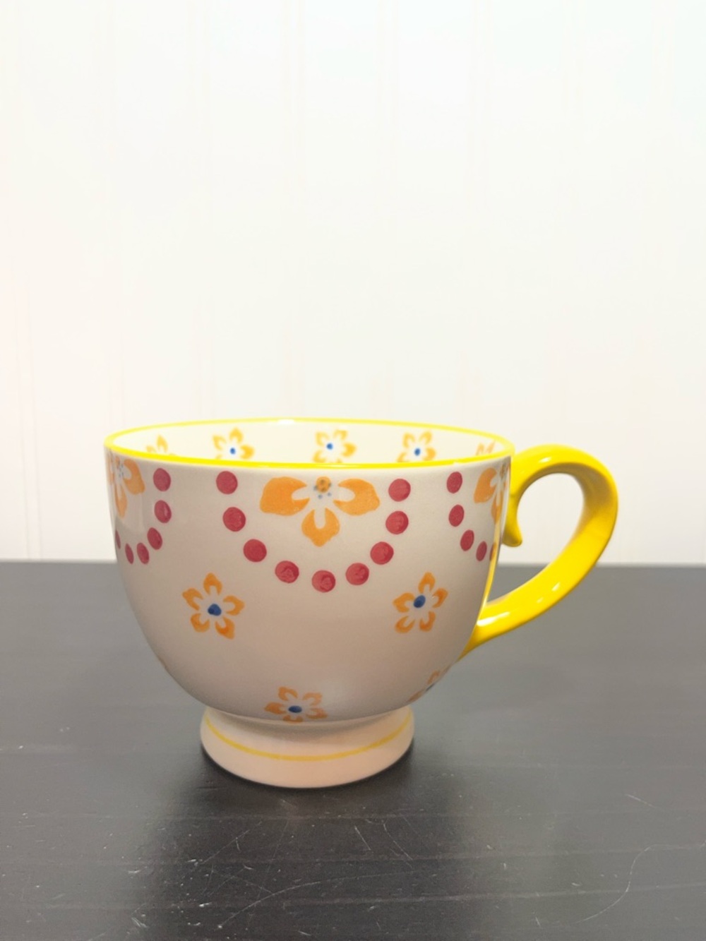 Boho Floral Footed Coffee Mug Tea Cup Yellow Hand Painted Style Pedestal 14 Oz